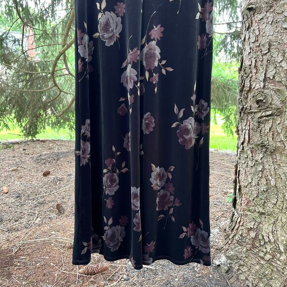 Vintage Dark Floral Velvet Maxi Dress Large Black Stretch USA Fairy Whimsigoth - Picture 9 of 15